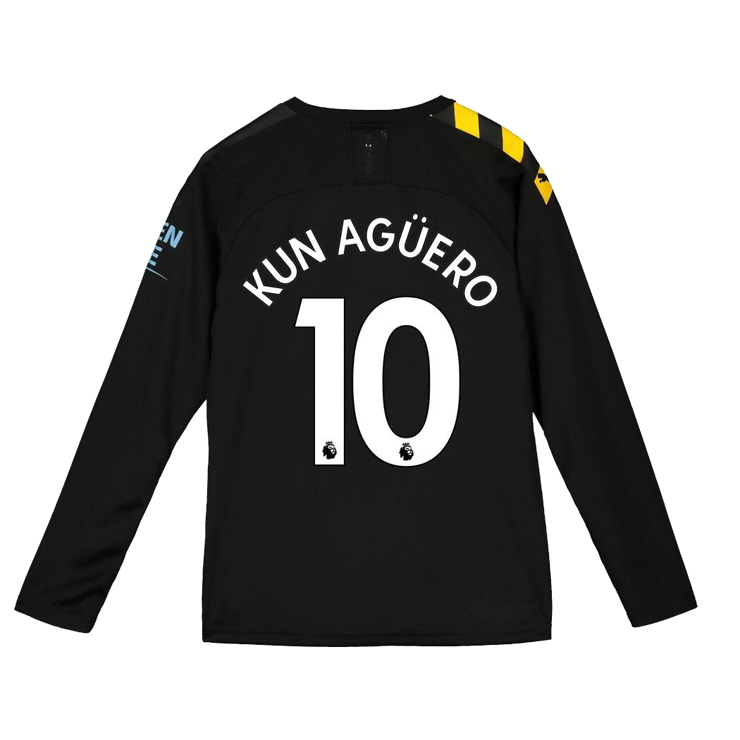 Kinder Fußball Sergio Kun Aguero 10 Auswärtstrikot Schwarz Langarmtrikot 2019/20 Hemd