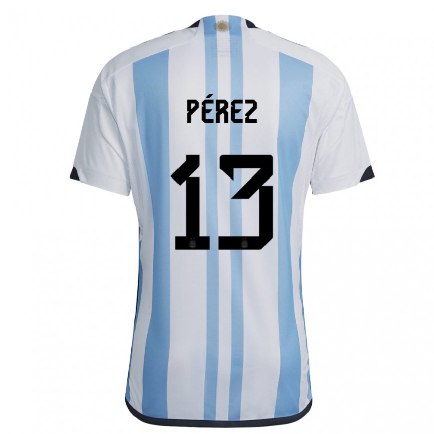 Kandiny Kinder Argentinische Nehuen Perez #13 Weiß Himmelblau Heimtrikot Trikot 22-24 T-shirt