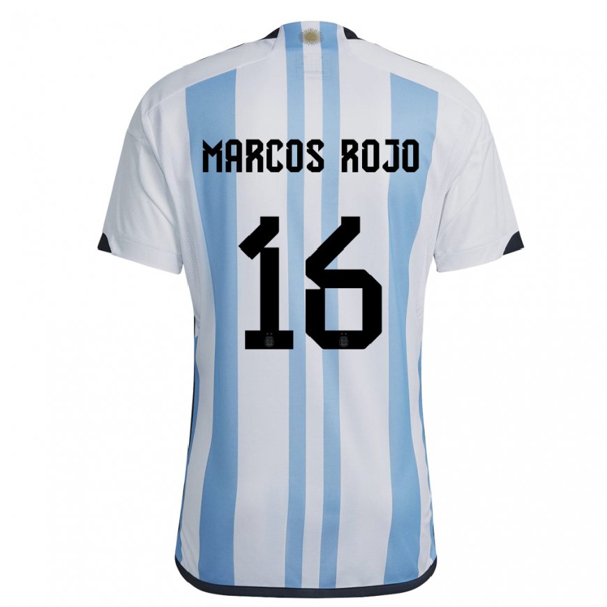 Kandiny Kinder Argentinische Marcos Rojo #16 Weiß Himmelblau Heimtrikot Trikot 22-24 T-shirt