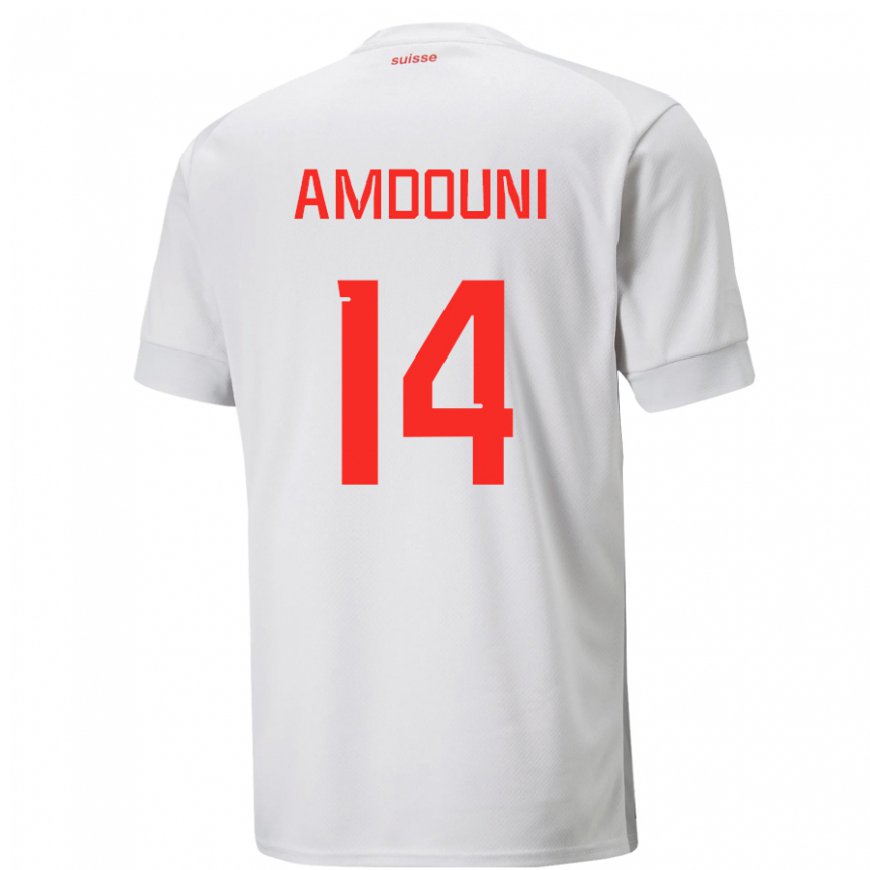 Kandiny Kinder Schweizer Mohamed Zeki Amdouni #14 Weiß Auswärtstrikot Trikot 22-24 T-shirt
