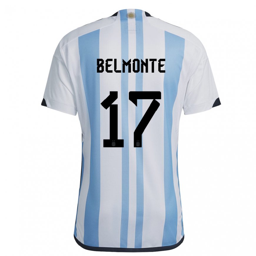 Kandiny Kinder Argentinische Tomas Belmonte #17 Weiß Himmelblau Heimtrikot Trikot 22-24 T-shirt