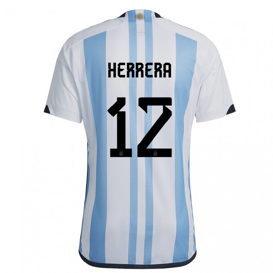 Kandiny Kinder Argentinische Franco Herrera #12 Weiß Himmelblau Heimtrikot Trikot 22-24 T-shirt