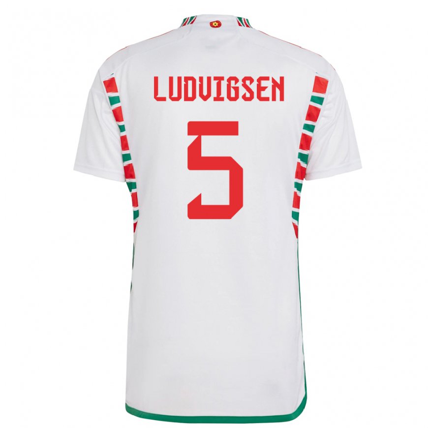 Kandiny Kinder Walisische Kai Ludvigsen #5 Weiß Auswärtstrikot Trikot 22-24 T-shirt