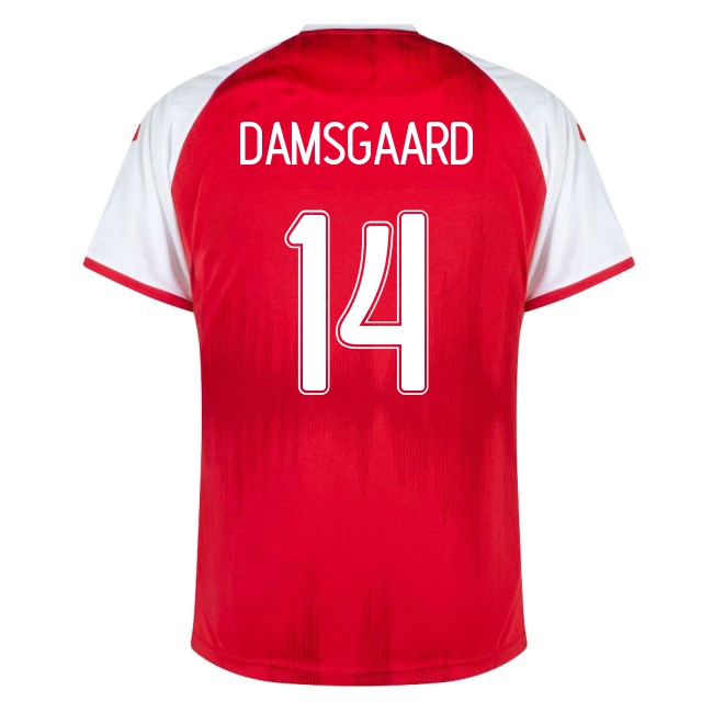 Kinder Dänische Fussballnationalmannschaft Mikkel Damsgaard #14 Heimtrikot Rot 2021 Trikot