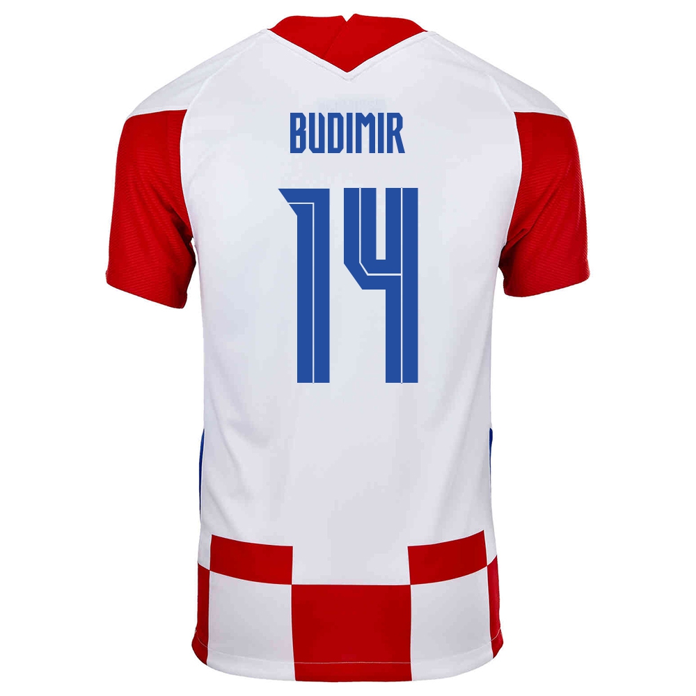 Damen Kroatische Fussballnationalmannschaft Ante Budimir #14 Heimtrikot Rot Weiß 2021 Trikot