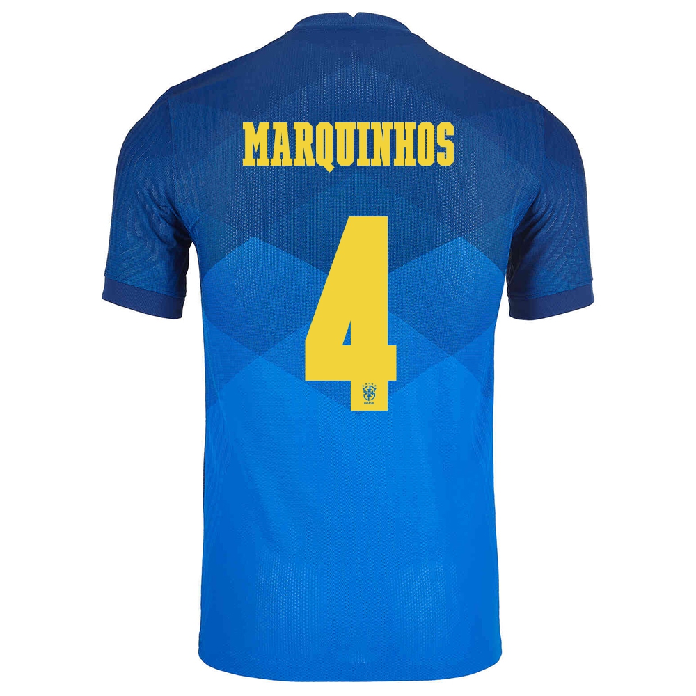 Herren Brasilianische Fussballnationalmannschaft Marquinhos #4 Auswärtstrikot Blau 2021 Trikot