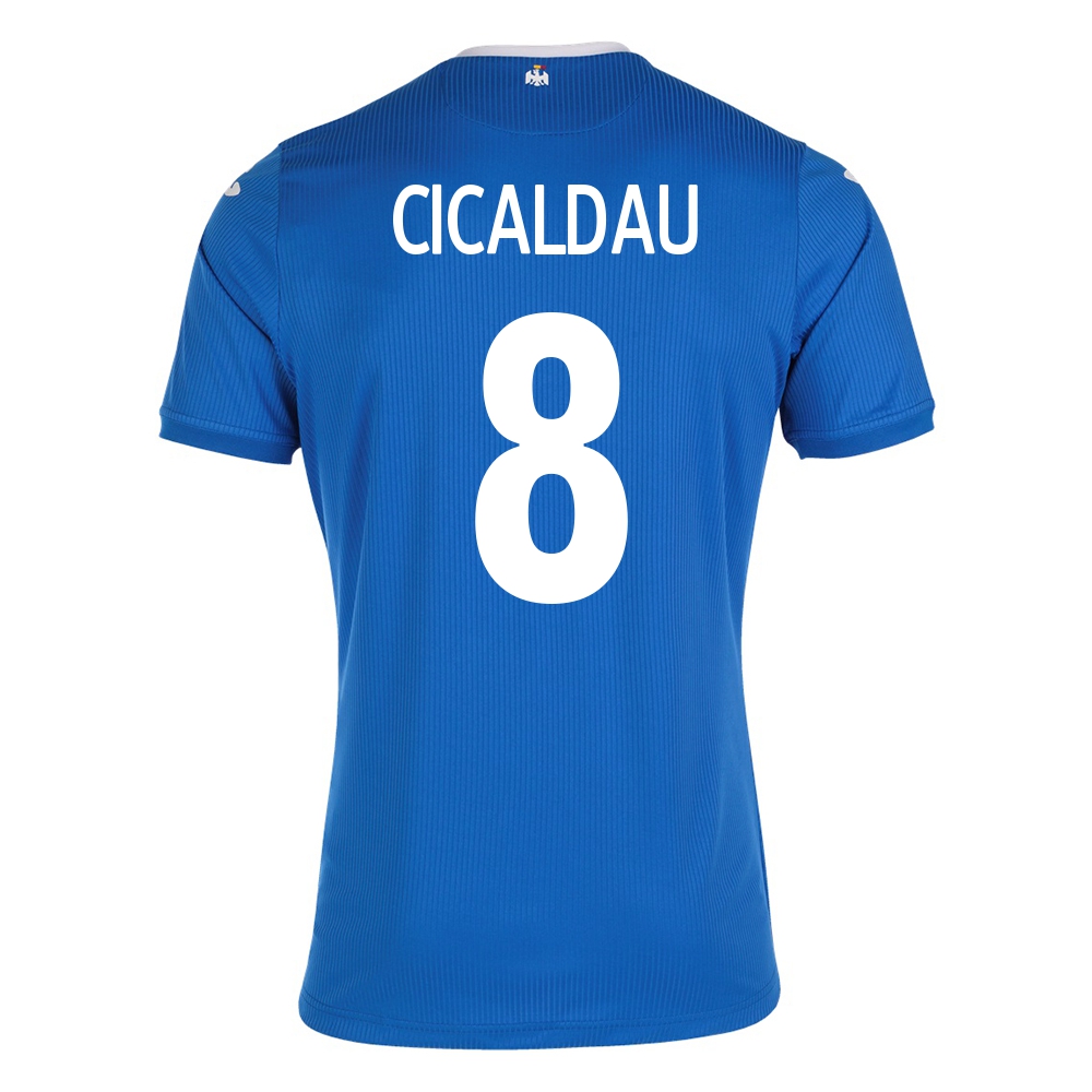 Damen Rumänische Fussballnationalmannschaft Alexandru Cicaldau #8 Auswärtstrikot Blau 2021 Trikot