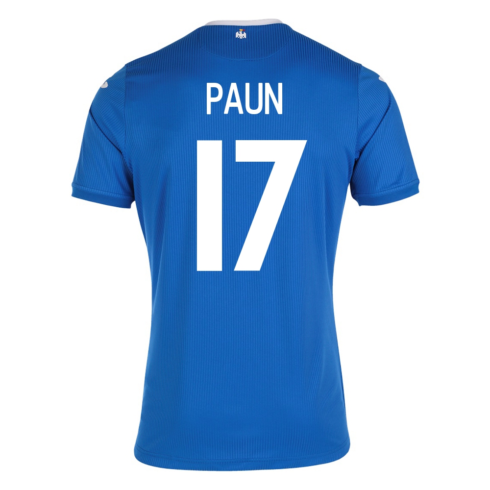 Damen Rumänische Fussballnationalmannschaft Alexandru Paun #17 Auswärtstrikot Blau 2021 Trikot