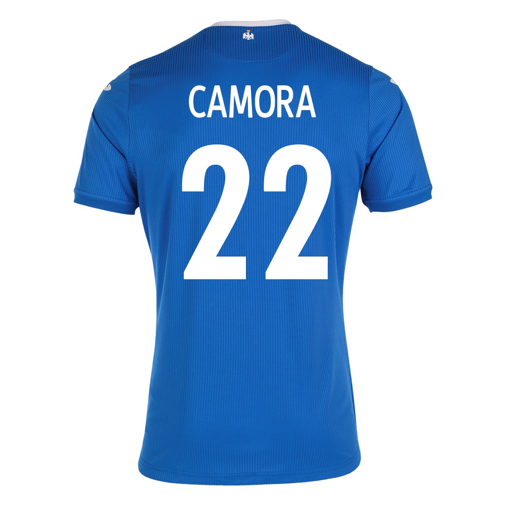Damen Rumänische Fussballnationalmannschaft Mario Camora #22 Auswärtstrikot Blau 2021 Trikot