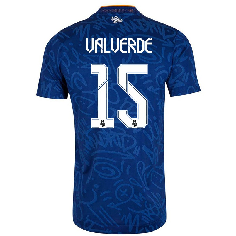 Kinder Fußball Fede Valverde #15 Dunkelblau Auswärtstrikot Trikot 2021/22 T-shirt