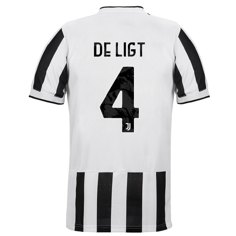 Kinder Fußball Matthijs De Ligt #4 Weiß Schwarz Heimtrikot Trikot 2021/22 T-shirt