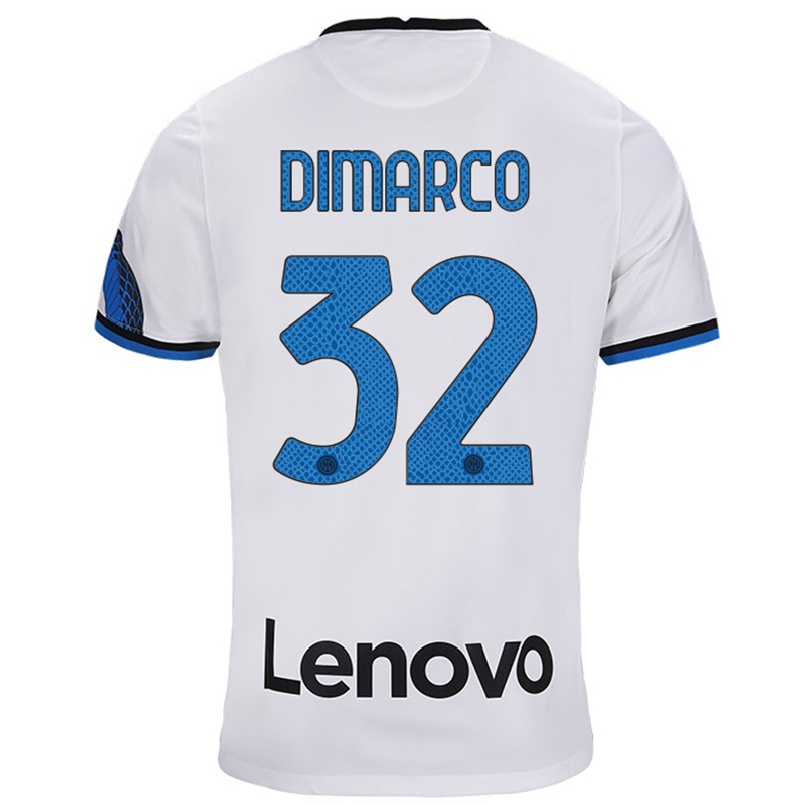 Kinder Fußball Federico Dimarco #32 Weiß Blau Auswärtstrikot Trikot 2021/22 T-shirt