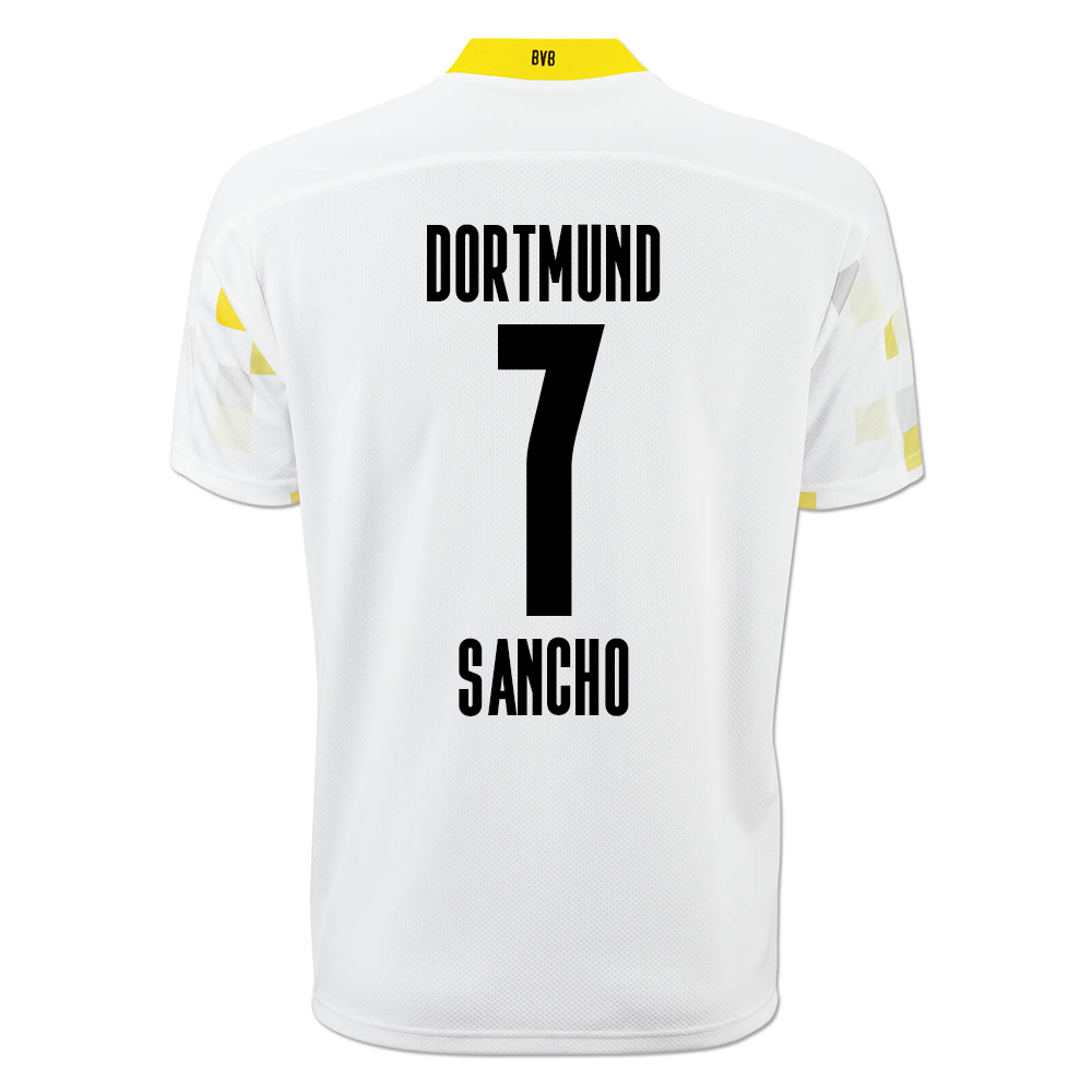 Kinder Fußball Jadon Sancho #7 Ausweichtrikot Weiß Gelb Trikot 2020/21 Hemd