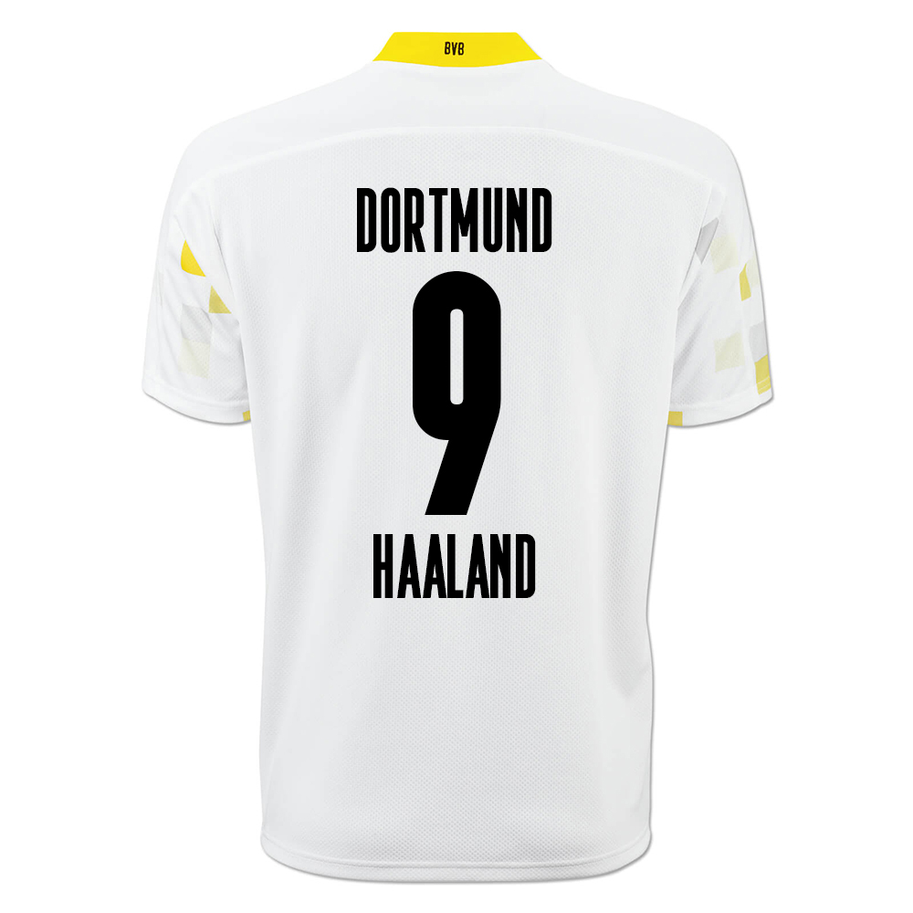 Kinder Fußball Erling Haaland #9 Ausweichtrikot Weiß Gelb Trikot 2020/21 Hemd