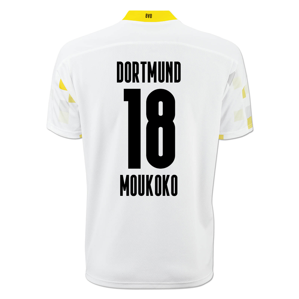 Kinder Fußball Youssoufa Moukoko #18 Ausweichtrikot Weiß Gelb Trikot 2020/21 Hemd