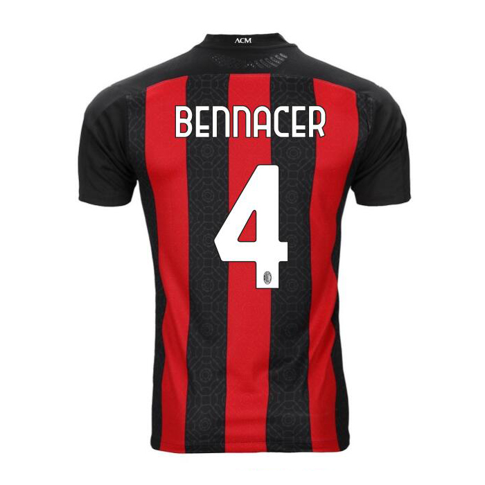 Kinder Fußball Ismael Bennacer #4 Heimtrikot Rot Schwarz Trikot 2020/21 Hemd