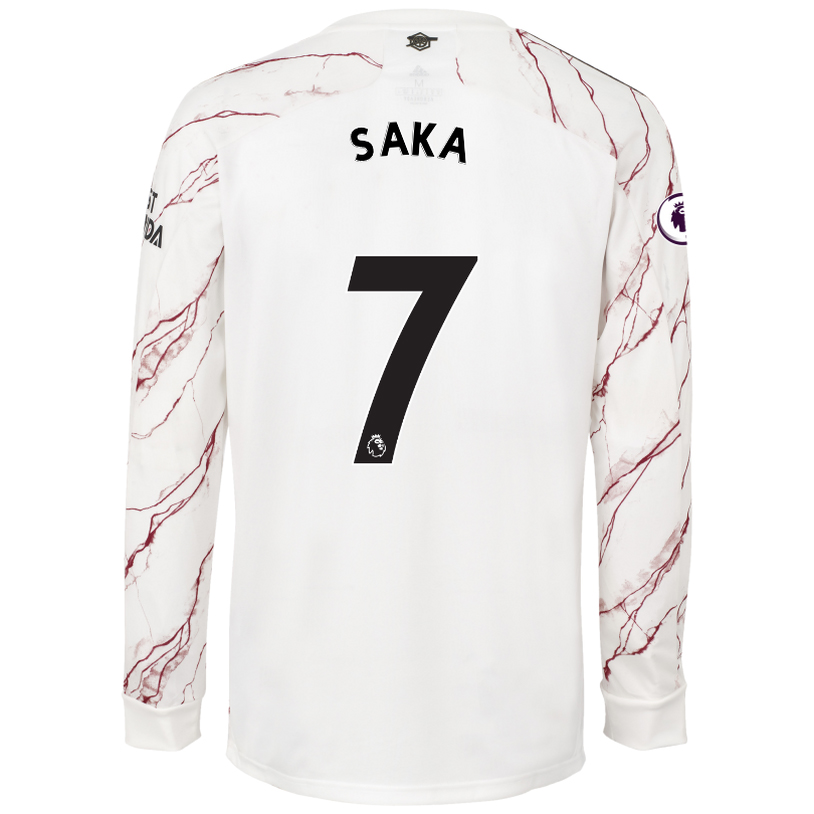 Kinder Fußball Bukayo Saka #7 Auswärtstrikot Weiß Long Sleeved Shirt 2020/21 Hemd