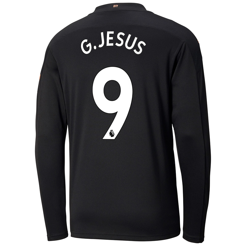 Kinder Fußball Gabriel Jesus #9 Auswärtstrikot Schwarz Long Sleeved Shirt 2020/21 Hemd