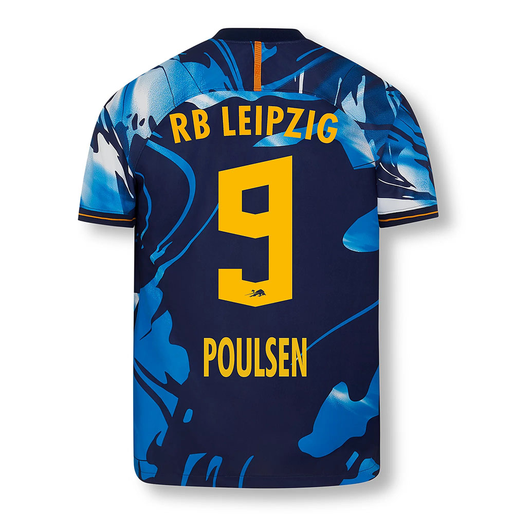 Herren Fußball Yussuf Poulsen #9 UEFA Weiß Blau Trikot 2020/21 Hemd