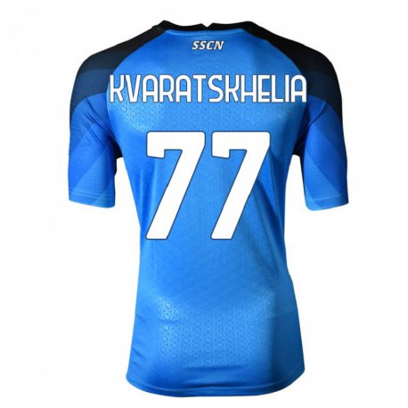 Kandiny Herren Khvicha Kvaratskhelia #77 Dunkelblau Grau Heimtrikot Trikot 2022/23 T-Shirt