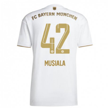 Kandiny Herren Jamal Musiala #42 Weißes Gold Auswärtstrikot Trikot 2022/23 T-Shirt