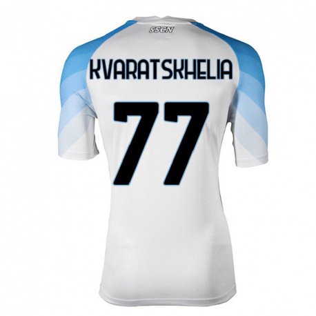 Kandiny Herren Khvicha Kvaratskhelia #77 Weiß Himmelblau Auswärtstrikot Trikot 2022/23 T-Shirt
