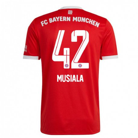 Kandiny Damen Jamal Musiala #42 Neonrot Weiß Heimtrikot Trikot 2022/23 T-shirt
