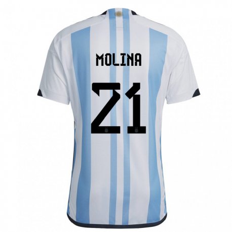 Kandiny Kinder Argentinische Nahuel Molina #21 Weiß Himmelblau Heimtrikot Trikot 22-24 T-shirt