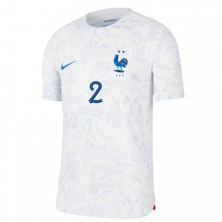 Kandiny Kinder Französische Benjamin Pavard #2 Weiß Blau Auswärtstrikot Trikot 22-24 T-shirt