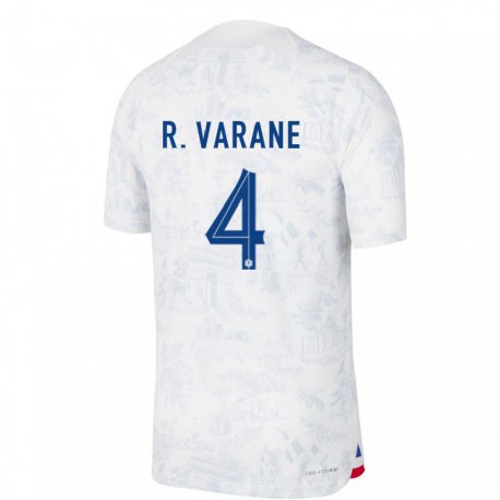 Kandiny Kinder Französische Raphael Varane #4 Weiß Blau Auswärtstrikot Trikot 22-24 T-shirt