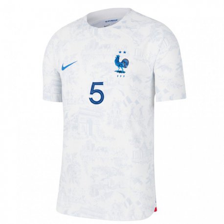 Kandiny Kinder Französische Jules Kounde #5 Weiß Blau Auswärtstrikot Trikot 22-24 T-shirt