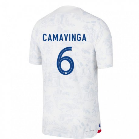 Kandiny Kinder Französische Eduardo Camavinga #6 Weiß Blau Auswärtstrikot Trikot 22-24 T-shirt