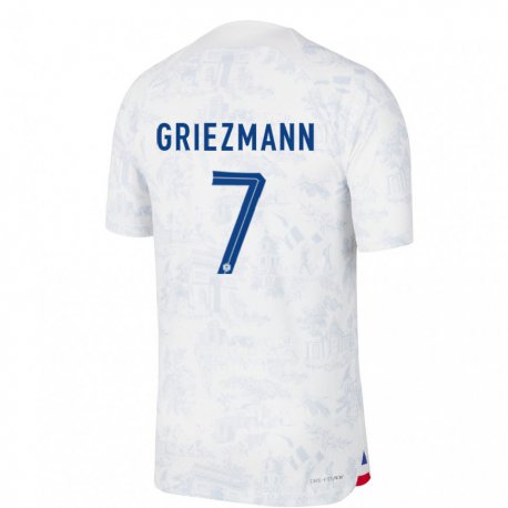 Kandiny Kinder Französische Antoine Griezmann #7 Weiß Blau Auswärtstrikot Trikot 22-24 T-shirt