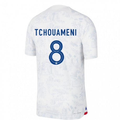 Kandiny Kinder Französische Aurelien Tchouameni #8 Weiß Blau Auswärtstrikot Trikot 22-24 T-shirt