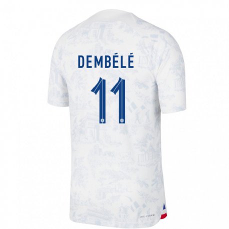 Kandiny Kinder Französische Ousmane Dembele #11 Weiß Blau Auswärtstrikot Trikot 22-24 T-shirt