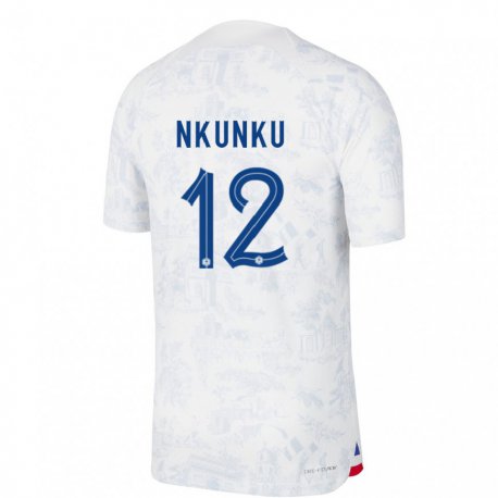Kandiny Kinder Französische Christopher Nkunku #12 Weiß Blau Auswärtstrikot Trikot 22-24 T-shirt