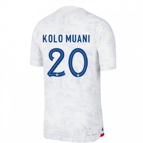 Kandiny Kinder Französische Randal Kolo Muani #20 Weiß Blau Auswärtstrikot Trikot 22-24 T-shirt