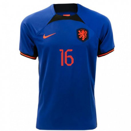 Kandiny Kinder Niederländische Tyrell Malacia #16 Königsblau Auswärtstrikot Trikot 22-24 T-shirt
