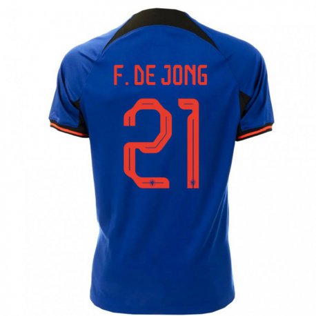 Kandiny Kinder Niederländische Frenkie De Jong #21 Königsblau Auswärtstrikot Trikot 22-24 T-shirt