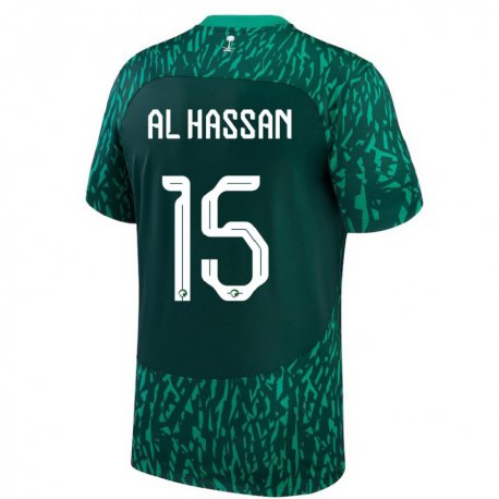 Kandiny Kinder Saudi-arabische Ali Al Hassan #15 Dunkelgrün Auswärtstrikot Trikot 22-24 T-shirt