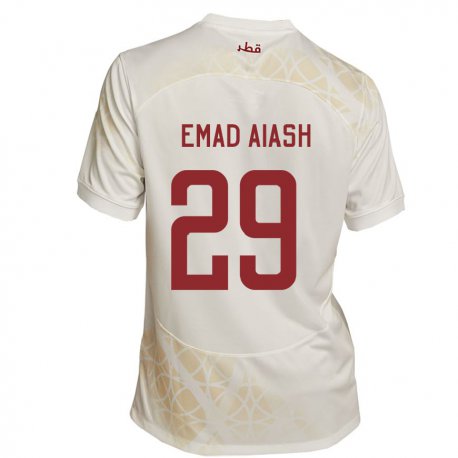 Kandiny Kinder Katarische Mohamed Emad Aiash #29 Goldbeige Auswärtstrikot Trikot 22-24 T-shirt