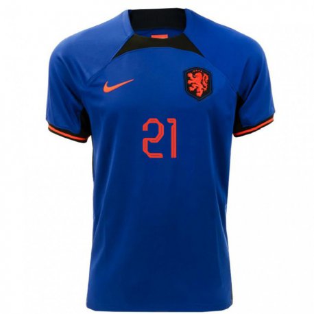 Kandiny Herren Niederländische Frenkie De Jong #21 Königsblau Auswärtstrikot Trikot 22-24 T-shirt