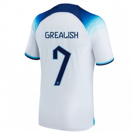 Kandiny Damen Englische Jack Grealish #7 Weiß Blau Heimtrikot Trikot 22-24 T-shirt