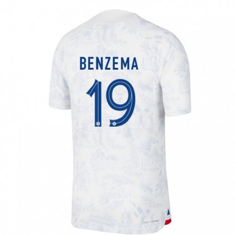 Kandiny Damen Französische Karim Benzema #19 Weiß Blau Auswärtstrikot Trikot 22-24 T-shirt