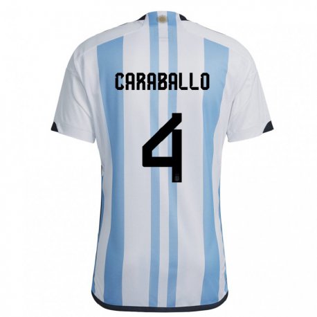 Kandiny Kinder Argentinische Brian Caraballo #4 Weiß Himmelblau Heimtrikot Trikot 22-24 T-shirt