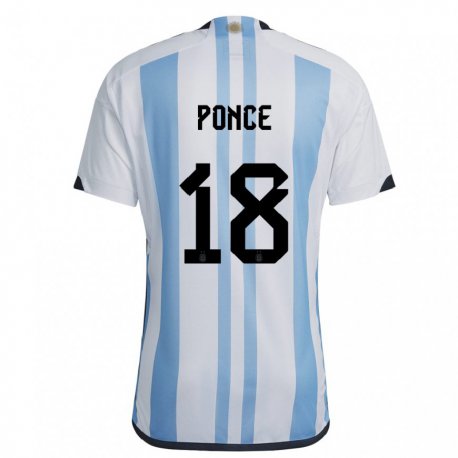 Kandiny Kinder Argentinische Ezequiel Ponce #18 Weiß Himmelblau Heimtrikot Trikot 22-24 T-shirt