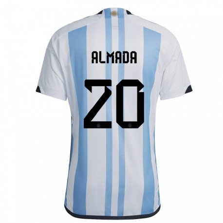 Kandiny Kinder Argentinische Thiago Almada #20 Weiß Himmelblau Heimtrikot Trikot 22-24 T-shirt