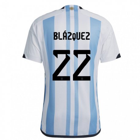 Kandiny Kinder Argentinische Joaquin Blazquez #22 Weiß Himmelblau Heimtrikot Trikot 22-24 T-shirt