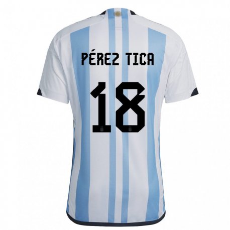 Kandiny Kinder Argentinische Jeremias Perez Tica #18 Weiß Himmelblau Heimtrikot Trikot 22-24 T-shirt
