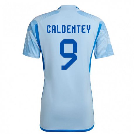 Kandiny Kinder Spanische Mariona Caldentey #9 Himmelblau Auswärtstrikot Trikot 22-24 T-shirt